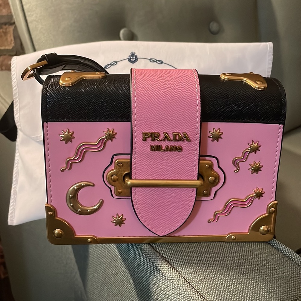 NWOT PRADA Cahier Moon & Stars Celestial Astrology Pink Leather Cross Body Bag